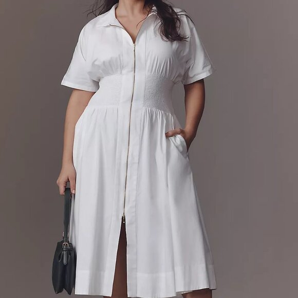 Anthropologie Maeve Tommie Short Sleeve Smocked Front-Zip Shirt Dress - Picture 6 of 6